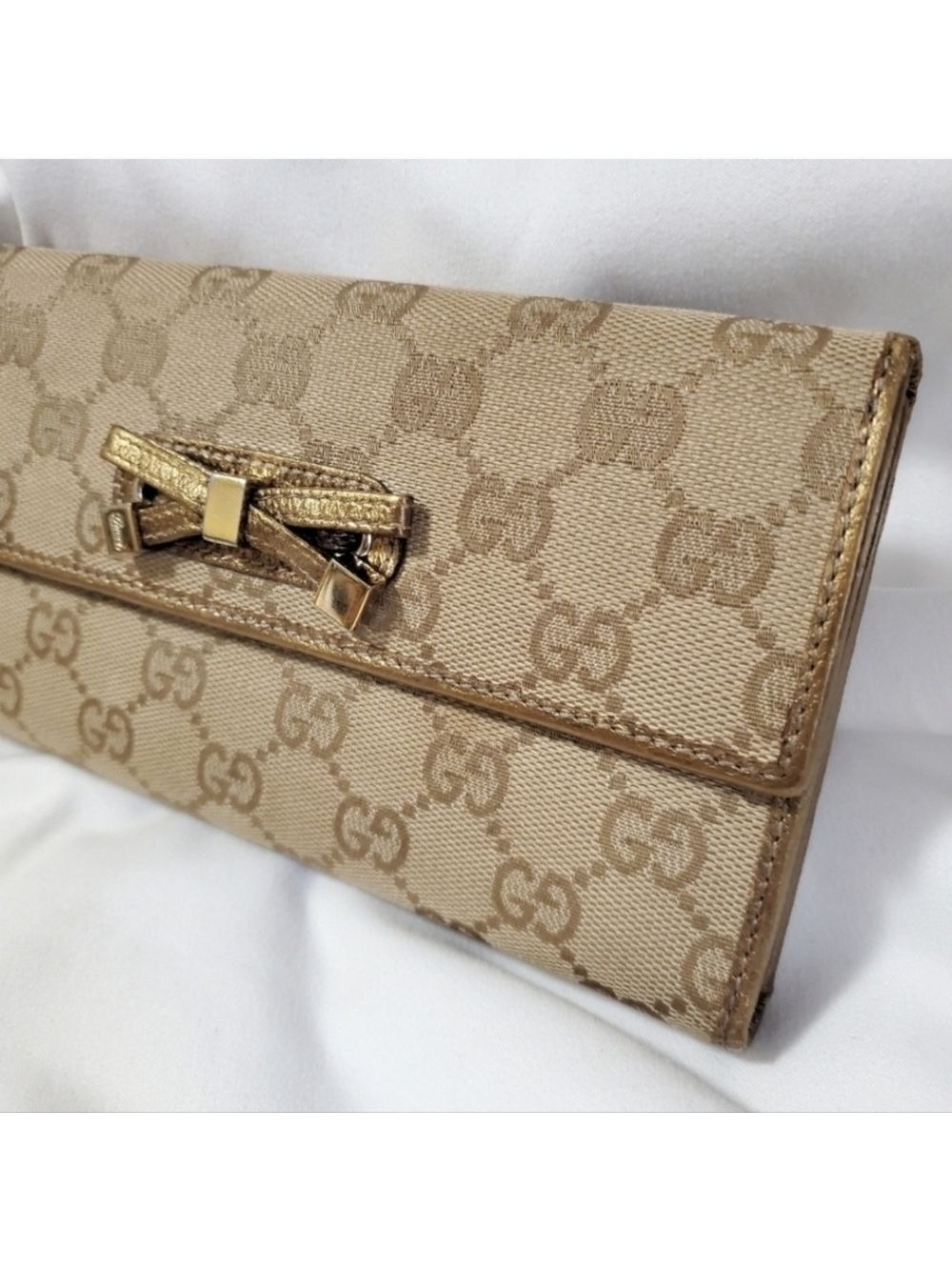 Gucci Vintage Monogram Leather Long Wallet Gold Beige